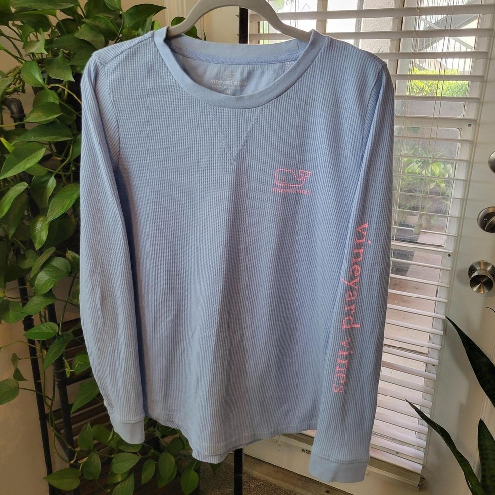 Vineyard Vines Womens Blue Waffle Knit Thermal Long Sleeve Whale Logo Shirt M